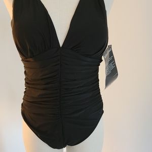 One piece black bathing suit